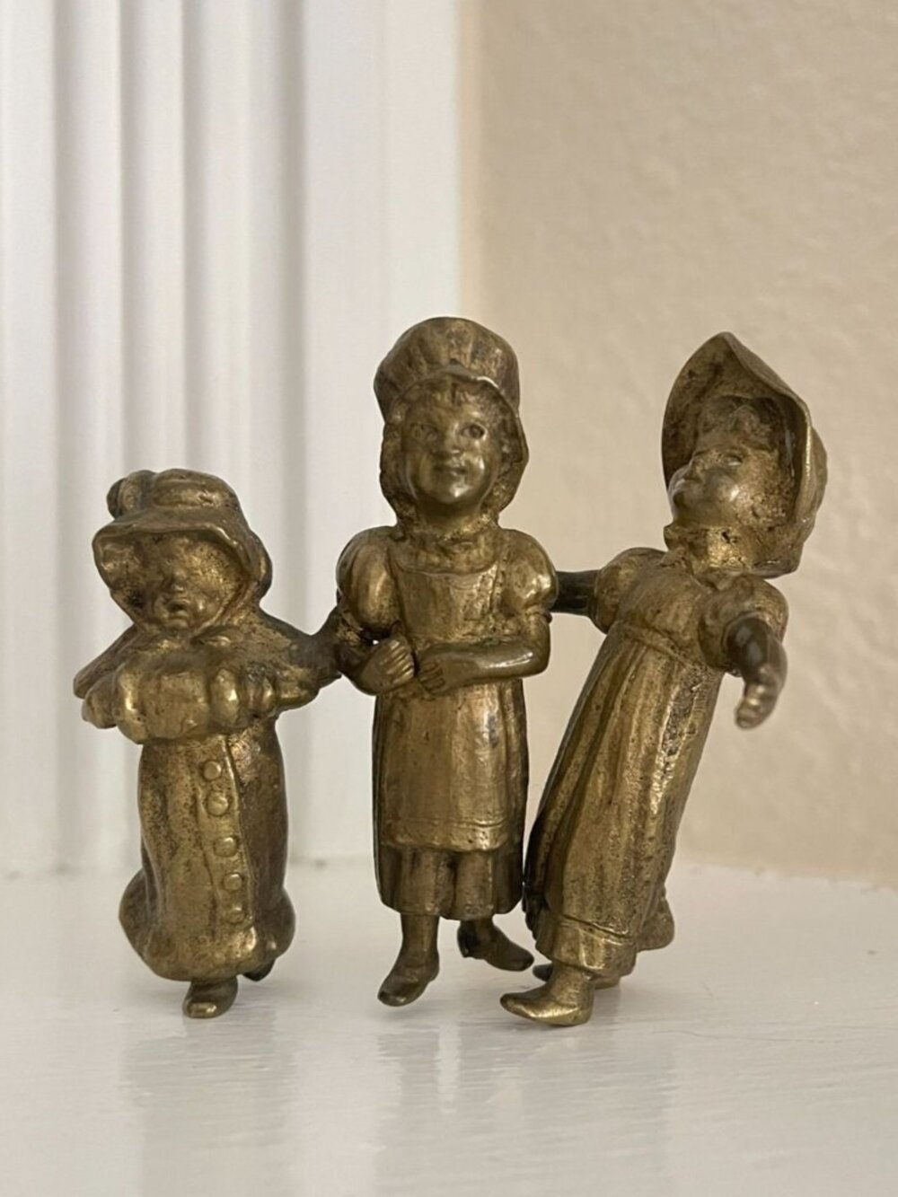 Brass Three Sisters Figurine, Girls in Bonnets, Victorian Style Miniature Statue - Picture 2 of 5